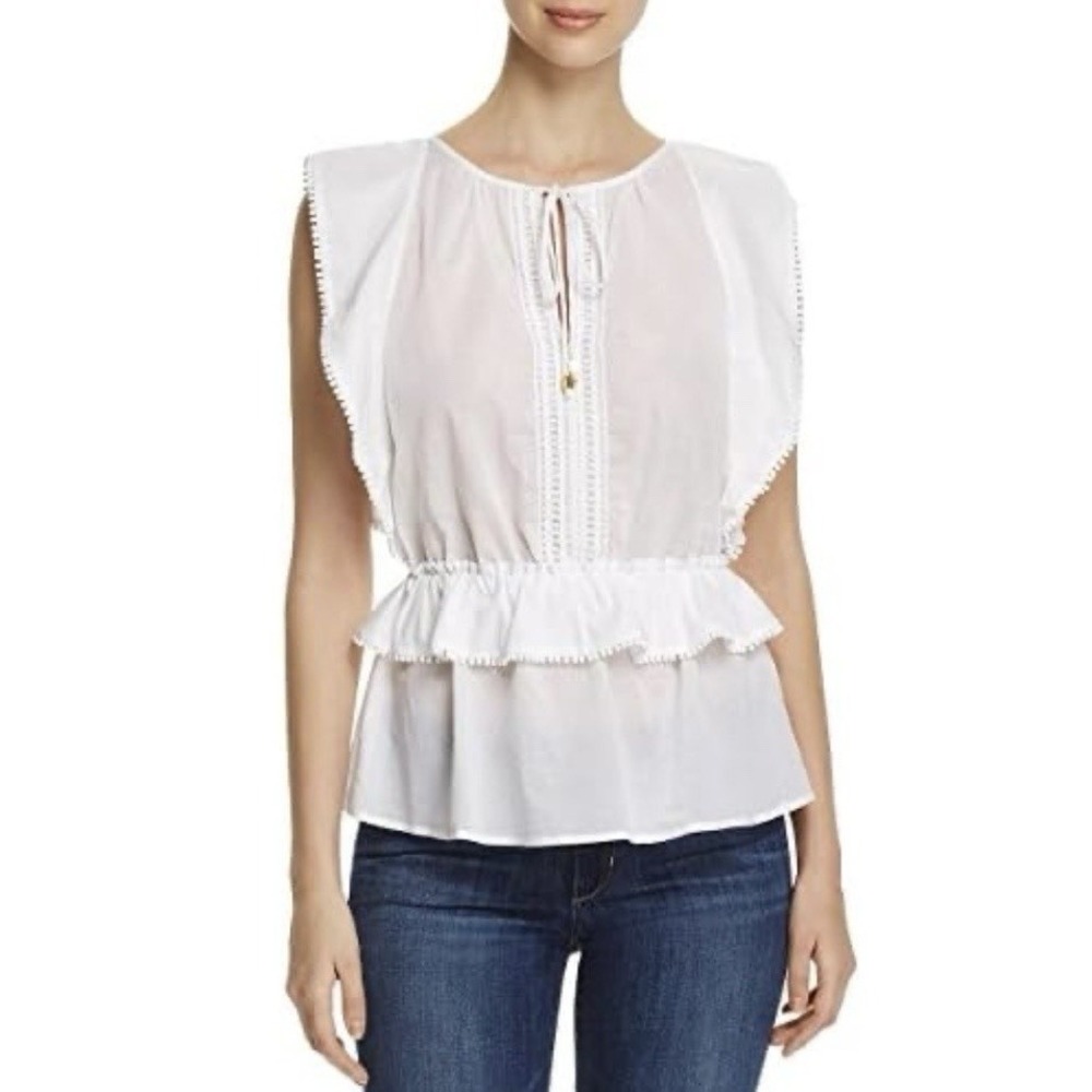 MICHAEL‎ KORS White Crochet Details Tie-Neck Peplum Top Size L
